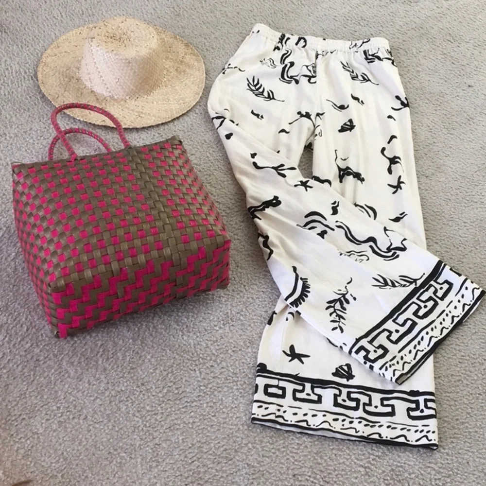 H&M/CREAMwBLACK LA MER BEACH PRINT WIDE LEG LINEN BLEND PANTS/NEW